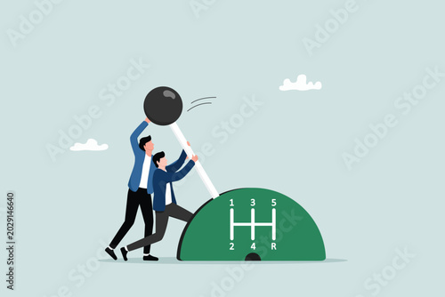 Paradigm shift technology to new business level, control or shifting speed for company growth, transformation and disruption concept, businessman team shifting transmission knob to faster new level.