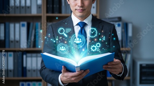 Corporate professional reviewing digital policy document with compliance icons. Governance, regulation management, and modern business documentation workflow in a professional office environment.