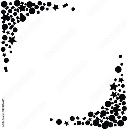 Black geometric shapes border frame with circles squares and stars pattern