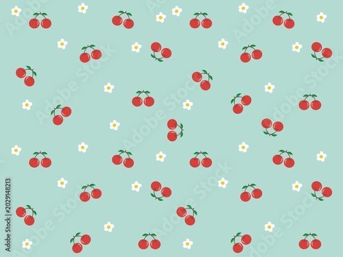 Seamless pattern with cherry and white flower design on a light teal background.