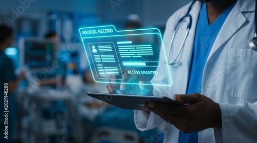 Healthcare medical record doctor technology digital health data patient management system, showing electronic medical document interface for modern hospital, clinic, and healthcare information service