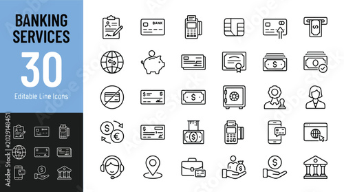 Obraz na plátně 30 Banking Services Line Icons - Financial, Payment, and Business Accounting Ico