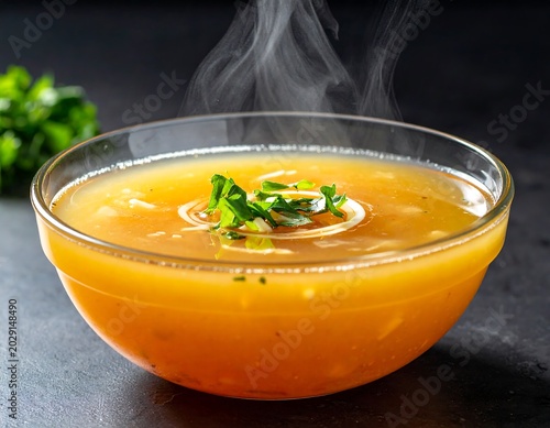 Steaming Golden Soup Garnished with Herbs in Clear Glass Bowl on Dark Table