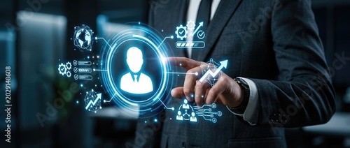 Business professional engaging in data analytics modern office digital interaction corporate environment close-up view technology and innovation