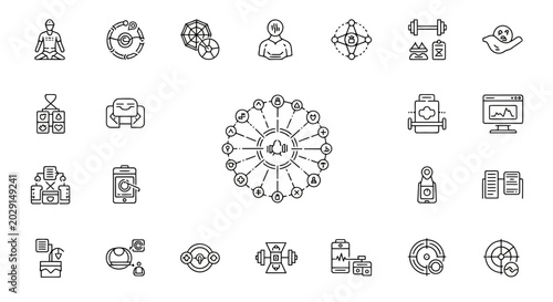 Comprehensive set of human body and health monitoring linear icons.