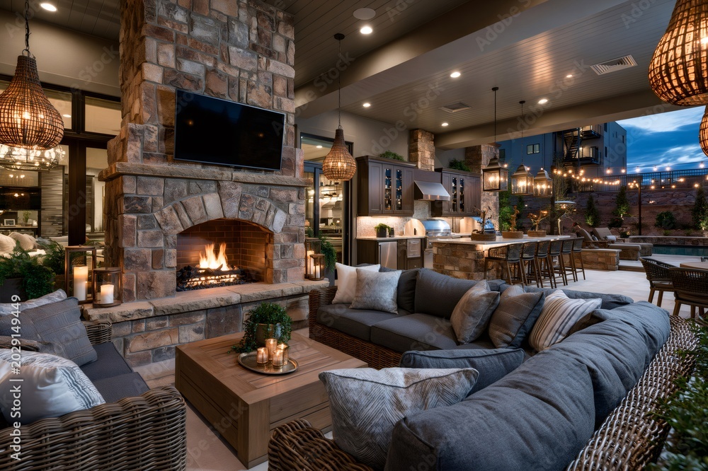 Fototapeta premium Modern luxury patio with stone fireplace and outdoor kitchen