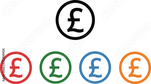 Photos Pound sterling symbols in circles red green blue orange black