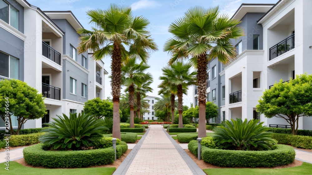 Fototapeta premium Modern apartment complex building with tropical landscaping