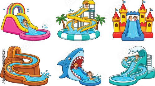 Inflatable Water Slide and Bouncy Castle Vector Icon Set Featuring Shark Castle Rainbow and Spiral Slides for Kids Summer Aquapark Amusement Illustrations
