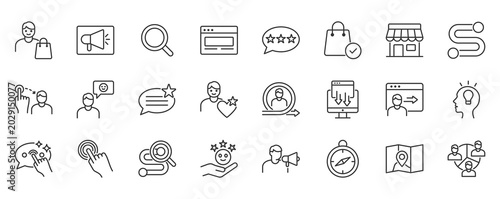 Customer journey icon set in outline style. Icon pack contain onboarding, touchpoint, engagement, feedback, support, retention, and user flow icons.