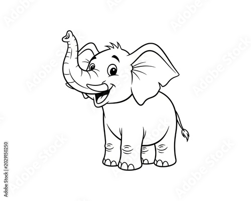 Excited cartoon elephant with trunk up and mouth open, standing, white background