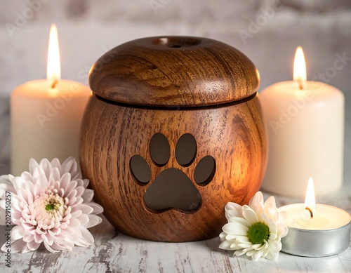 Warm Wooden Pet Urn with Paw Print Beside Lit Candles and White Flowers on Rustic Table