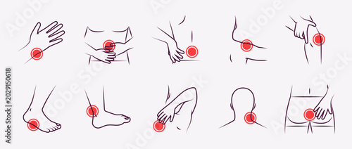 Man body parts pain icon set. Female body with painful spot marks, red circles and ache symbols isolated. Vector illustration for medical, health and anatomy concepts.