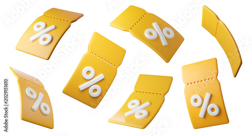 Foto Set of Flying yellow 3D discount tags with percent signs, isolated on background