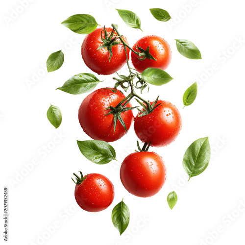 Fresh ripe tomatoes falling with green leaves isolated on white background