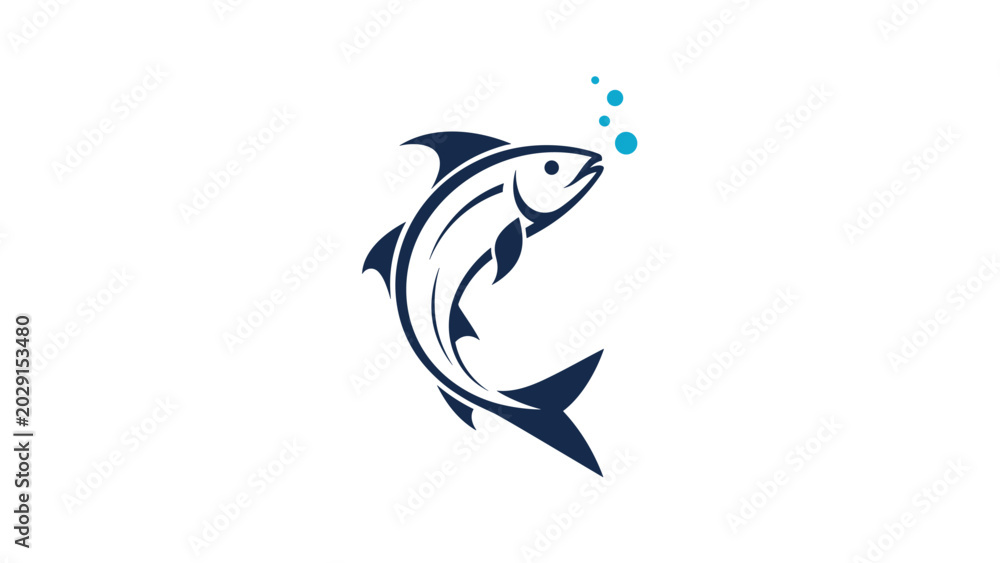 Obraz premium Stylized blue fish leaping out of the water with small bubbles floating above it in a simple vector art style for logos or icons.