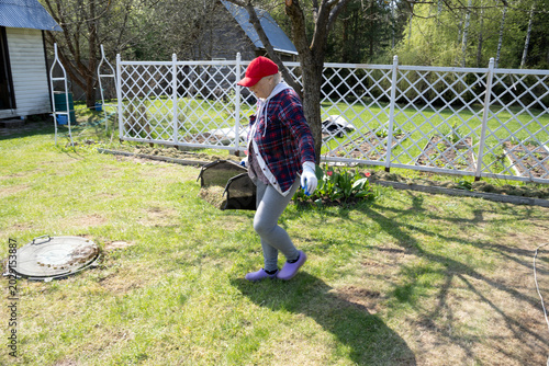 Фотография A female gardener collects old grass in a trolley in her garden