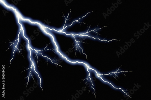 Powerful lightning bolt striking across dark night sky, electric blue thunderbolt flash, atmospheric weather phenomenon with bright electrical discharge