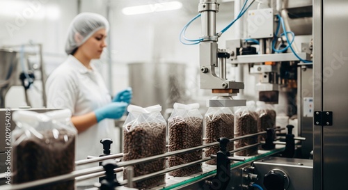 Woman in factory wearing hairnet and gloves inspects bagged coffee beans on automated conveyor belt