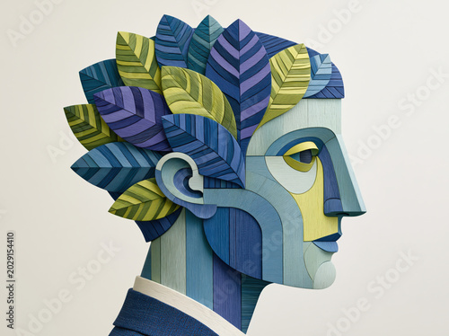 3D geometric profile portrait of a person made of layered textured wood panels with colored leaves for hair created with Generative AI Technology, ai, generative
