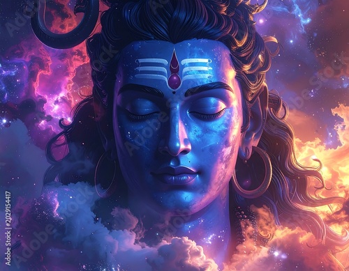 Serene Blue Deity Face Meditating in Glowing Cosmic Cloudscape