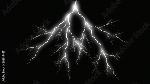 Powerful lightning bolt strike on black background, electric discharge with bright white light, atmospheric thunderstorm weather effect