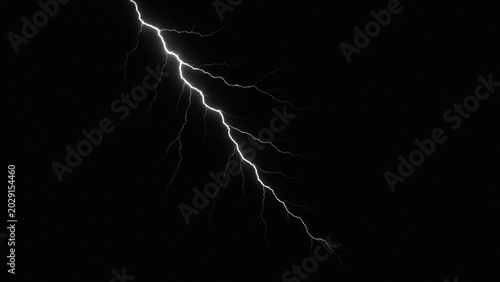 Powerful lightning bolt striking through dark night sky, dramatic electric discharge against black background, intense thunderstorm weather phenomenon