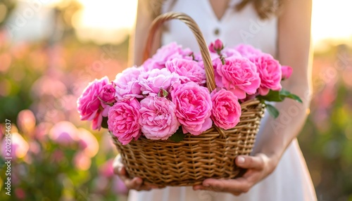 Woman Holding Wicker Basket of Pink Roses in Blooming Flower Field