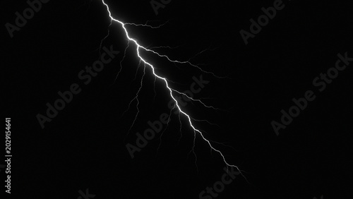 Powerful lightning bolt striking through dark night sky, dramatic electric discharge in black background, intense thunderstorm weather phenomenon