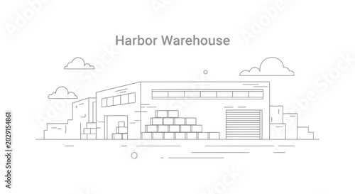 Vector line art illustration depicting a modern industrial warehouse with stacked cargo, symbolizing global logistics, efficient storage, and optimized supply chain management