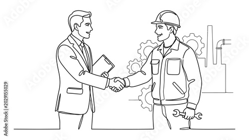 Businessman and engineer shaking hands in factory.