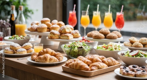 Abundant breakfast buffet with pastries, croissants, and fresh juices.