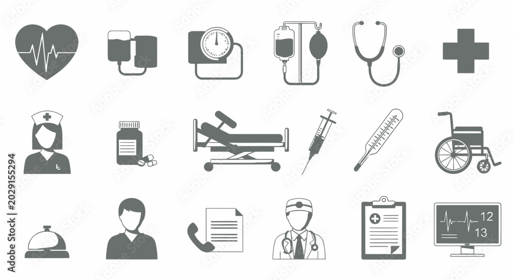 Fototapeta premium Essential grayscale medical and healthcare vector icons depicting hospital equipment, professional staff, and patient care symbols for health-related graphic design