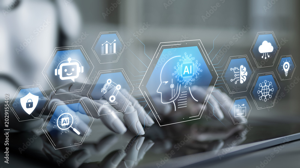 Naklejka premium Artificial intelligence use case concept linking analytics, security, cloud services and operations for modern organizations. Corpus