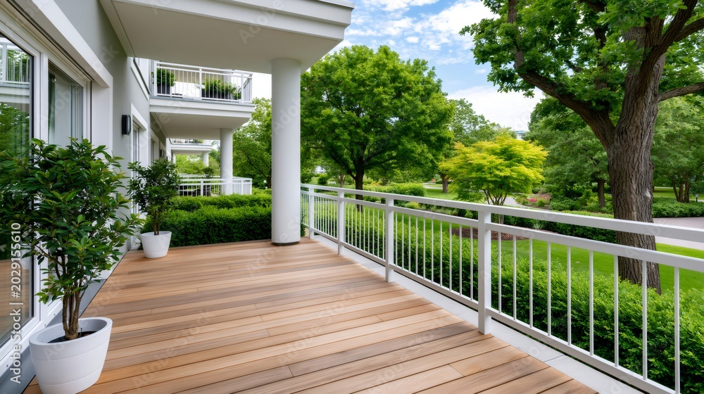 Fototapeta premium Modern apartment balcony with wooden deck and garden view