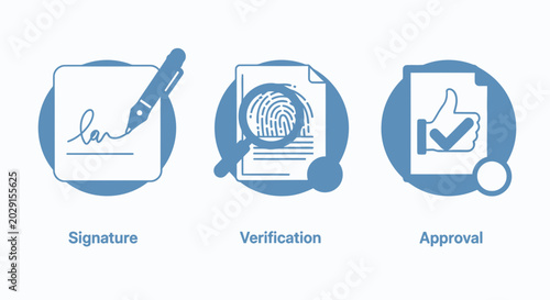 Digital signature, verification, and approval icons representing secure document processing and authentication
