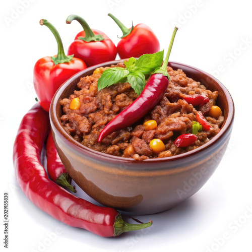 Bowl of spicy chili with fresh red peppers