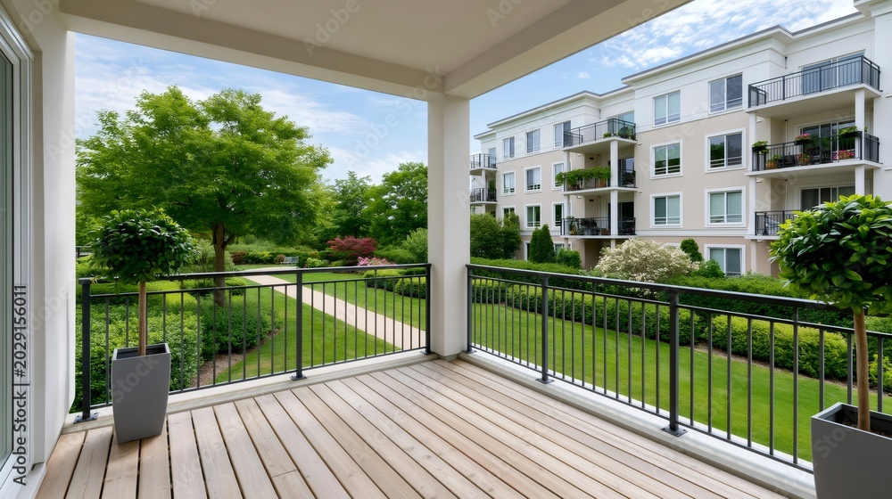 Fototapeta premium Apartment building balcony overlooking a landscaped garden