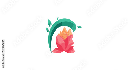 Abstract Lotus Flower Logo with Green Swirl and Leaves