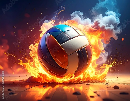 Fiery Volleyball Resting on Wooden Court with Flames and Smoke