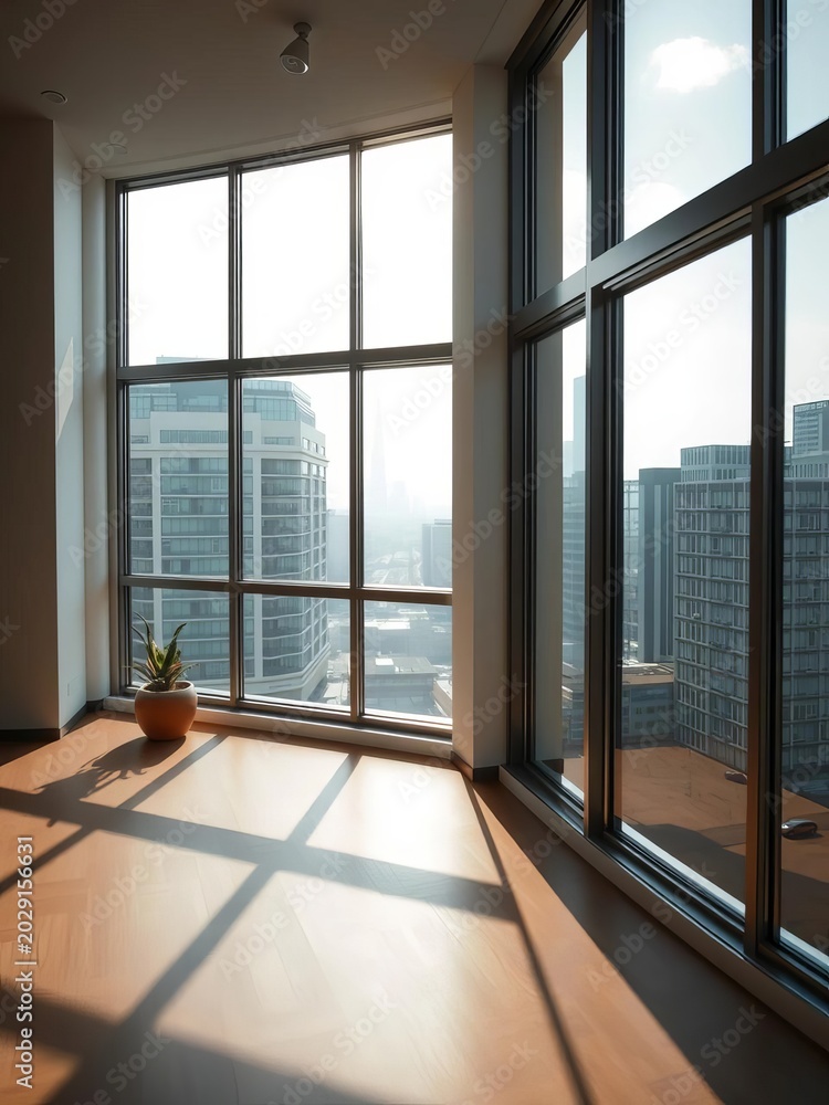 Fototapeta premium Expansive window frames reveal a subtle urban vista, softening the pristine interior , modern, clean