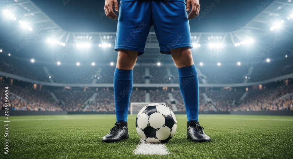 Naklejka premium Soccer player preparing for a crucial kick in a stadium