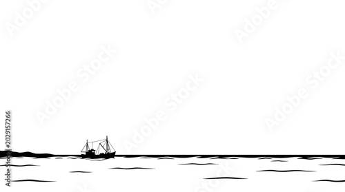 Foto Minimalist black and white drawing of a lone fishing boat on calm sea