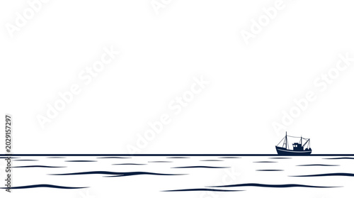 Quadro su tela Minimalist illustration of a small fishing trawler boat on a calm sea