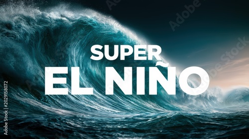 Powerful Ocean Wave Rising Under Text About Super El Nino Phenomenon