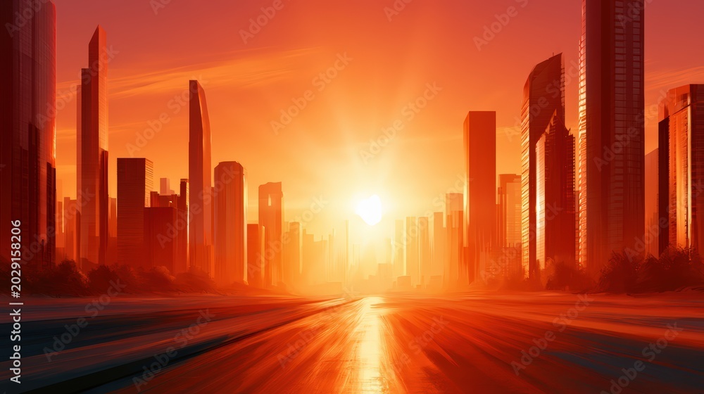 Obraz premium Vibrant Cityscape with Bright Sun Setting Over Modern Architecture