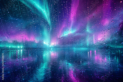 雨とオーロラカラーの幻想背景