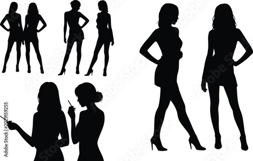 Konstfotografi Silhouettes of women in short dresses and heels with varied postures representin