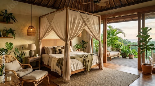 Exquisite Tropical Bedroom Oasis with Canopy Bed and Lush Greenery