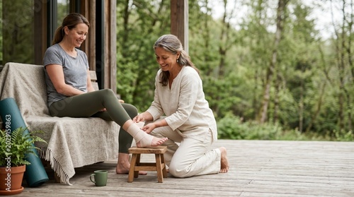 Caregiver Wrapping Woman Ankle on Wooden Porch for Home Physiotherapy and Rural Recovery Support